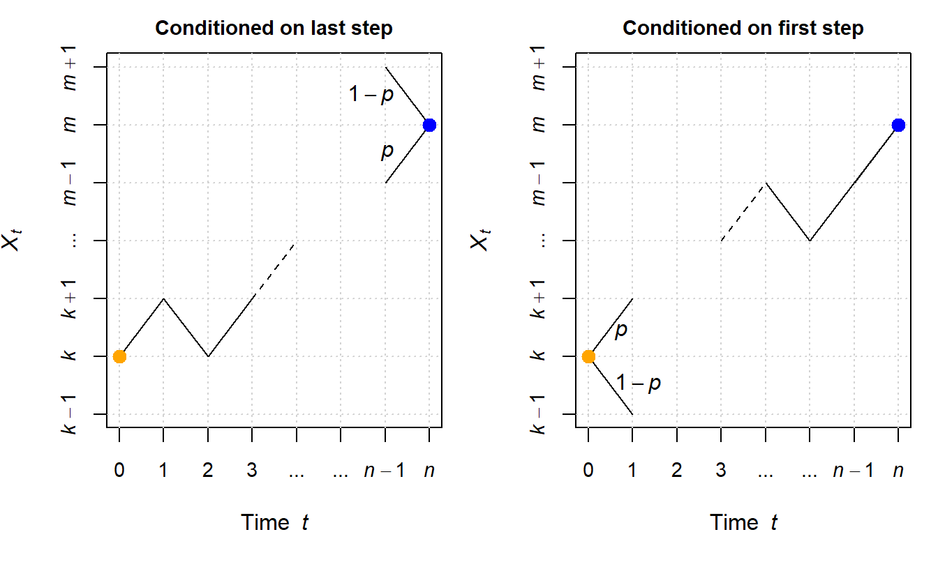 Illustration of how Random Walks from $(0,k)$ (orange dot) to $(t,m)$ (blue dot) are conditioned either on the last step (left panel) or on the first step (right). Conditioning on the last step yields the forward equation, and conditioning on the first step yields the backward equation.